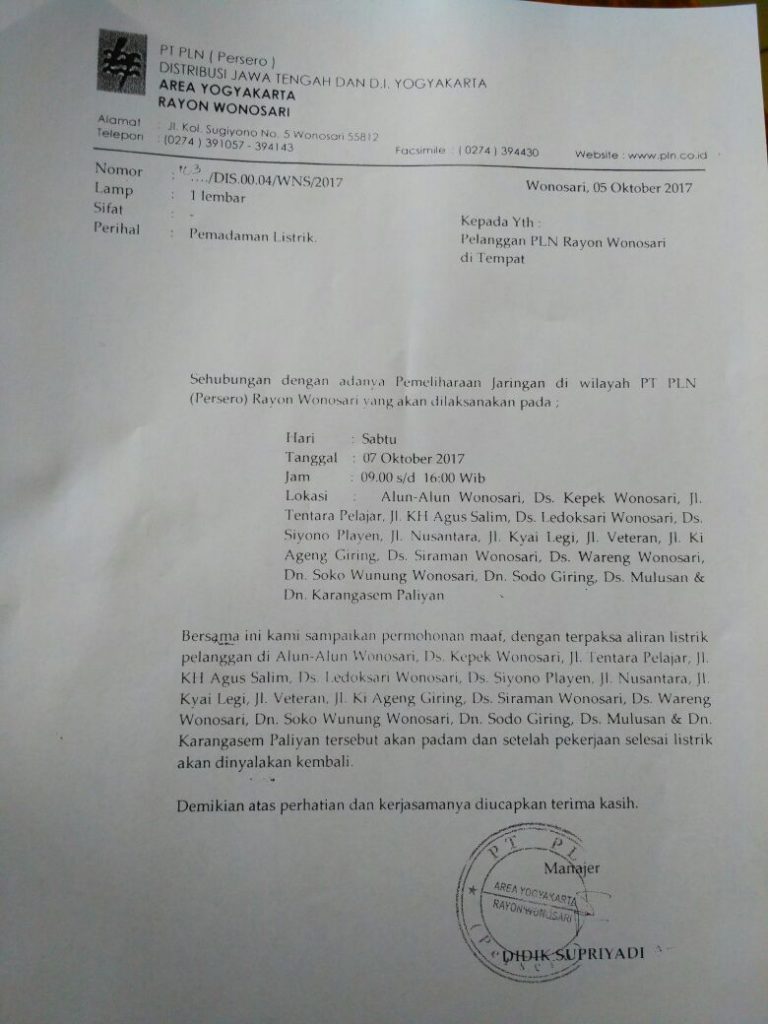 Surat Pemberitahuan Pemadaman Listrik dari PLN untuk pelanggan
